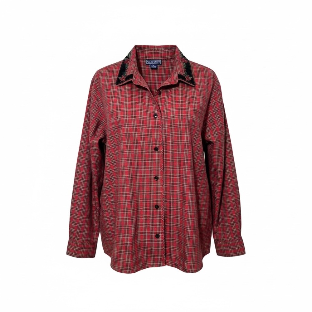 Tartan‎ Plaid Red Green Velvet Trim Poinsettia Collar Shirt Sz M Vtg Karen Scott